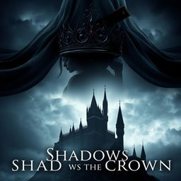 A mesmerizing book cover for a fantasy novel featuring a dark, ornate crown resting atop a flowing veil that cascades down, partially obscuring the silhouette of a grand, shadowy castle