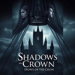A mesmerizing book cover for a fantasy novel featuring a dark, ornate crown resting atop a flowing veil that cascades down, partially obscuring the silhouette of a grand, shadowy castle