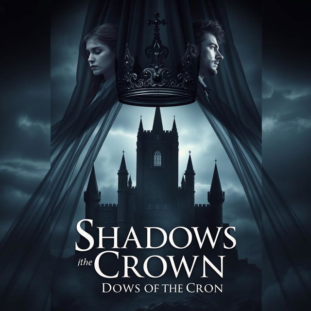 A mesmerizing book cover for a fantasy novel featuring a dark, ornate crown resting atop a flowing veil that cascades down, partially obscuring the silhouette of a grand, shadowy castle