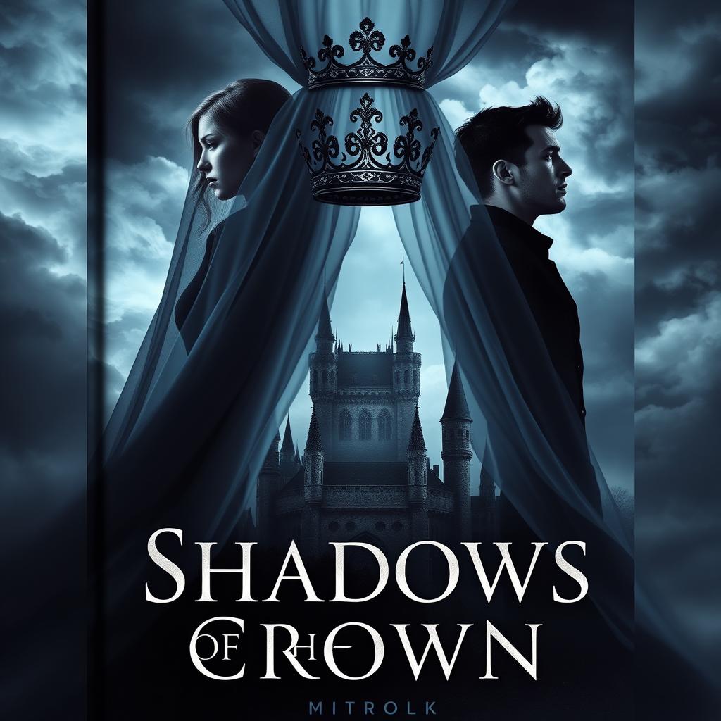 A mesmerizing book cover for a fantasy novel featuring a dark, ornate crown resting atop a flowing veil that cascades down, partially obscuring the silhouette of a grand, shadowy castle
