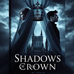 A mesmerizing book cover for a fantasy novel featuring a dark, ornate crown resting atop a flowing veil that cascades down, partially obscuring the silhouette of a grand, shadowy castle