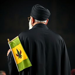 A back view of a prominent male figure dressed in a flowing black cloak (abaya) and a black turban