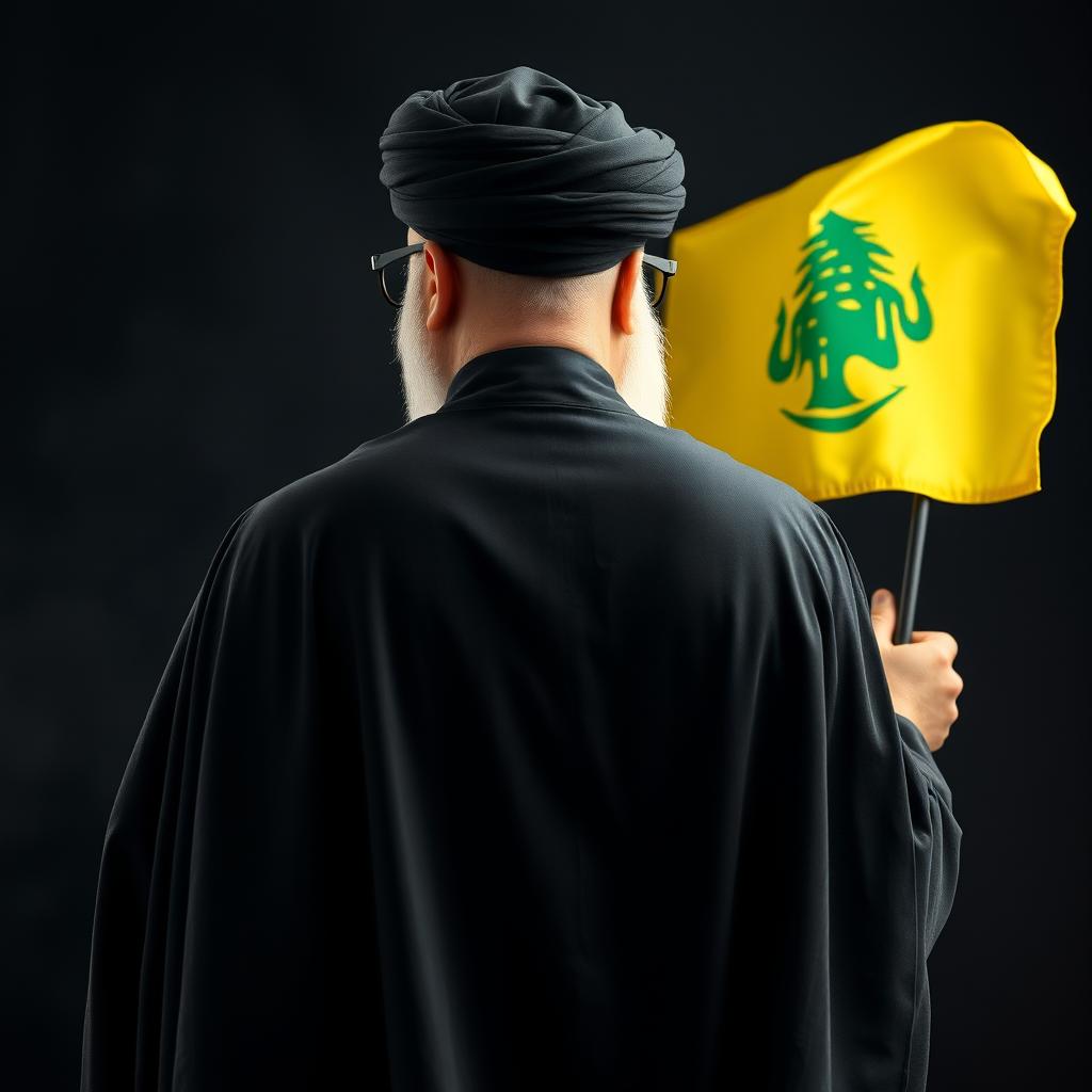 A back view of a prominent male figure dressed in a flowing black cloak (abaya) and a black turban