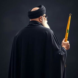 A back view of a prominent male figure dressed in a flowing black cloak (abaya) and a black turban