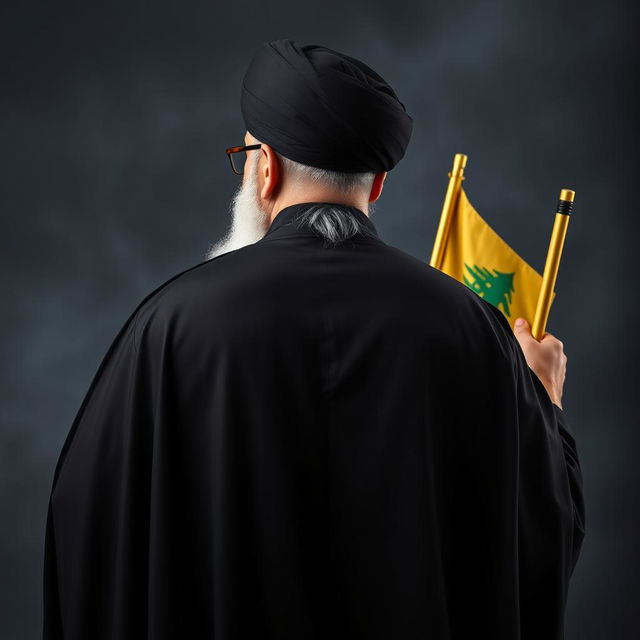 A back view of a prominent male figure dressed in a flowing black cloak (abaya) and a black turban