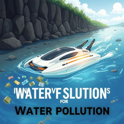 Create a vibrant poster featuring a futuristic floating robot designed specifically to tackle the problem of garbage in waterways and dirty water