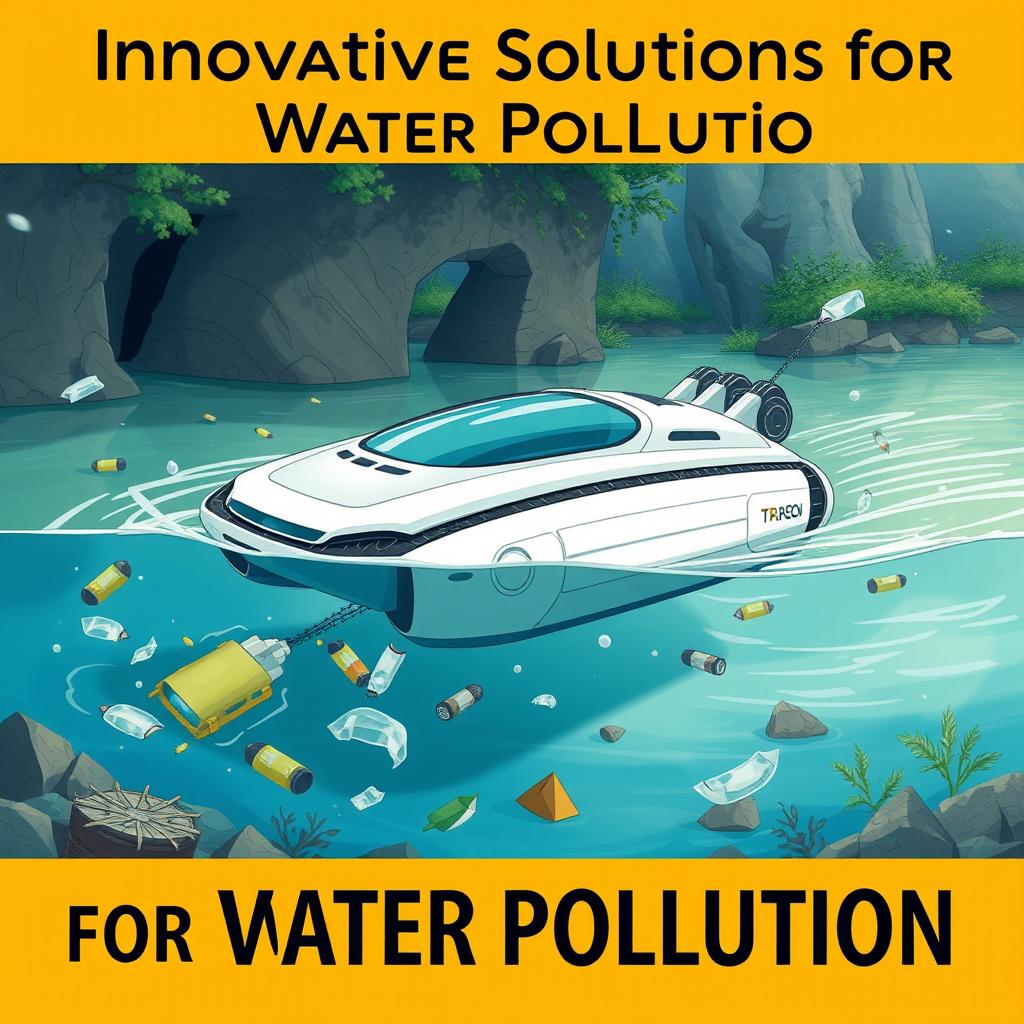 Create a vibrant poster featuring a futuristic floating robot designed specifically to tackle the problem of garbage in waterways and dirty water