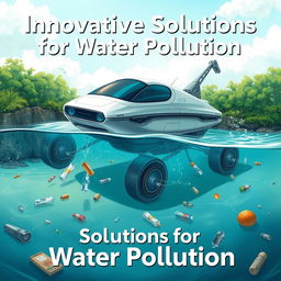 Create a vibrant poster featuring a futuristic floating robot designed specifically to tackle the problem of garbage in waterways and dirty water