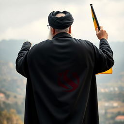 A realistic back view of a distinguished male figure dressed in a flowing black cloak (abaya) and a black turban