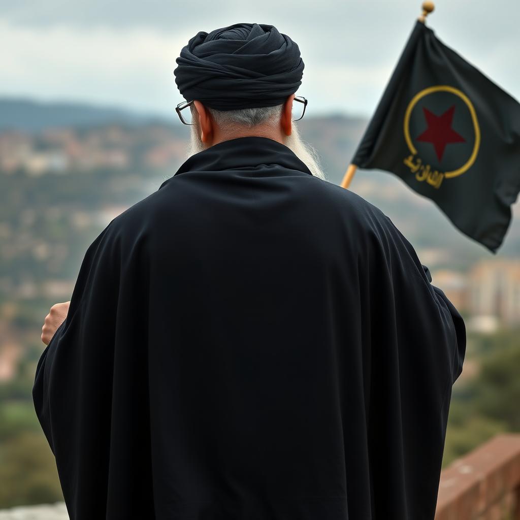 A realistic back view of a distinguished male figure dressed in a flowing black cloak (abaya) and a black turban