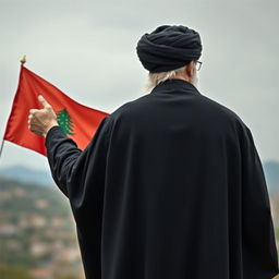 A realistic back view of a distinguished male figure dressed in a flowing black cloak (abaya) and a black turban