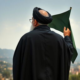 A realistic back view of a distinguished male figure dressed in a flowing black cloak (abaya) and a black turban