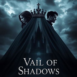 A striking book cover for the fantasy novel 'Vail of Shadows', featuring a dark, ornate crown elegantly placed atop a flowing veil that cascades down, partially obscuring the silhouette of a grand, shadowy castle