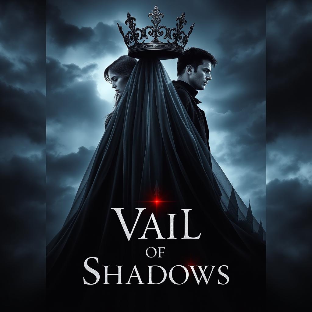 A striking book cover for the fantasy novel 'Vail of Shadows', featuring a dark, ornate crown elegantly placed atop a flowing veil that cascades down, partially obscuring the silhouette of a grand, shadowy castle