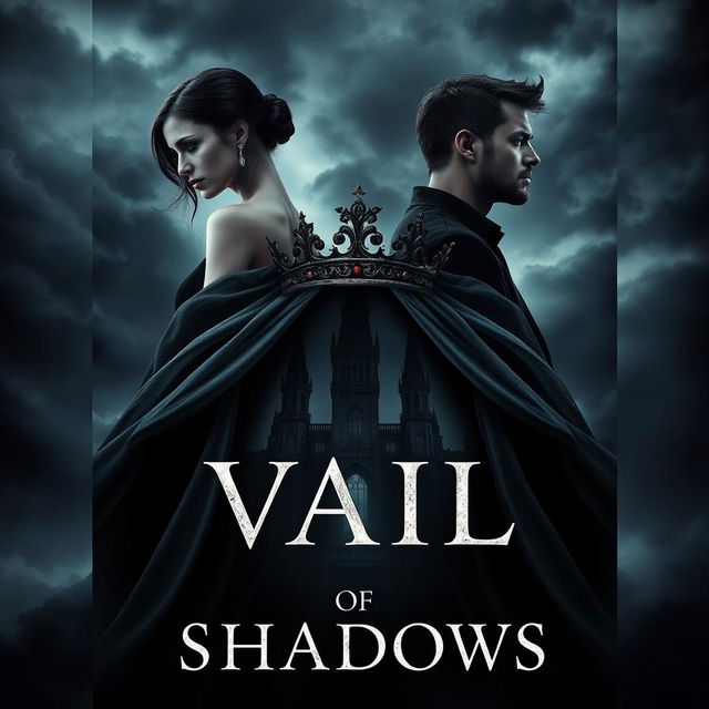 A striking book cover for the fantasy novel 'Vail of Shadows', featuring a dark, ornate crown elegantly placed atop a flowing veil that cascades down, partially obscuring the silhouette of a grand, shadowy castle