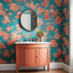 A bathroom vanity mounted on a wall, set against a backdrop of turquoise and dark salmon floral print wallpaper. A vase with assorted flowers sits on the vanity.