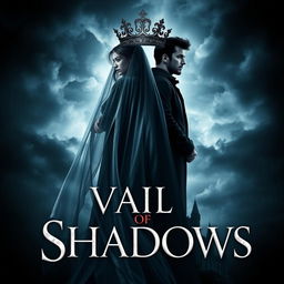 A striking book cover for the fantasy novel 'Vail of Shadows', featuring a dark, ornate crown elegantly placed atop a flowing veil that cascades down, partially obscuring the silhouette of a grand, shadowy castle
