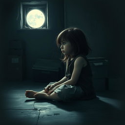 A young girl sitting on the cold concrete floor of a dimly lit basement, tears streaming down her cheeks as she gazes sadly out of a small, dusty window