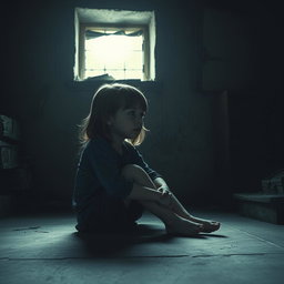 A young girl sitting on the cold concrete floor of a dimly lit basement, tears streaming down her cheeks as she gazes sadly out of a small, dusty window