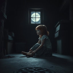 A young girl sitting on the cold concrete floor of a dimly lit basement, tears streaming down her cheeks as she gazes sadly out of a small, dusty window