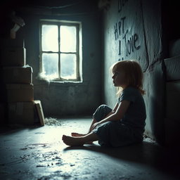 A young girl sitting on the cold concrete floor of a dimly lit basement, tears streaming down her cheeks as she gazes sadly out of a small, dusty window