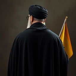 A realistic back view of a distinguished male figure dressed in a flowing black cloak (abaya) and a black turban