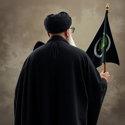 A realistic back view of a distinguished male figure dressed in a flowing black cloak (abaya) and a black turban