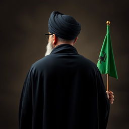 A realistic back view of a distinguished male figure dressed in a flowing black cloak (abaya) and a black turban