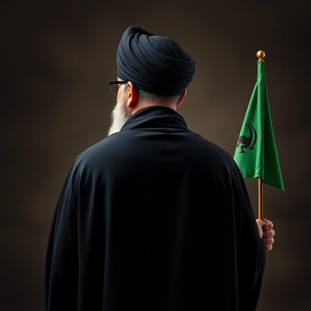A realistic back view of a distinguished male figure dressed in a flowing black cloak (abaya) and a black turban