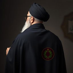 A realistic back view of a distinguished male figure dressed in a flowing black cloak (abaya) and a black turban