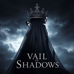A stunning book cover for the fantasy novel 'Vail of Shadows', showcasing a dark, ornate crown majestically resting atop a flowing veil that cascades down, partially obscuring the silhouette of a grand, shadowy castle