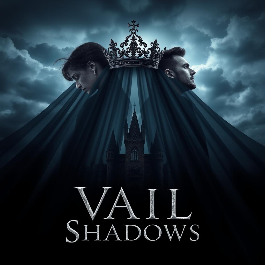 A stunning book cover for the fantasy novel 'Vail of Shadows', showcasing a dark, ornate crown majestically resting atop a flowing veil that cascades down, partially obscuring the silhouette of a grand, shadowy castle