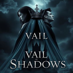 A stunning book cover for the fantasy novel 'Vail of Shadows', showcasing a dark, ornate crown majestically resting atop a flowing veil that cascades down, partially obscuring the silhouette of a grand, shadowy castle
