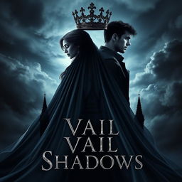 A stunning book cover for the fantasy novel 'Vail of Shadows', showcasing a dark, ornate crown majestically resting atop a flowing veil that cascades down, partially obscuring the silhouette of a grand, shadowy castle