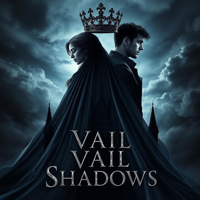 A stunning book cover for the fantasy novel 'Vail of Shadows', showcasing a dark, ornate crown majestically resting atop a flowing veil that cascades down, partially obscuring the silhouette of a grand, shadowy castle