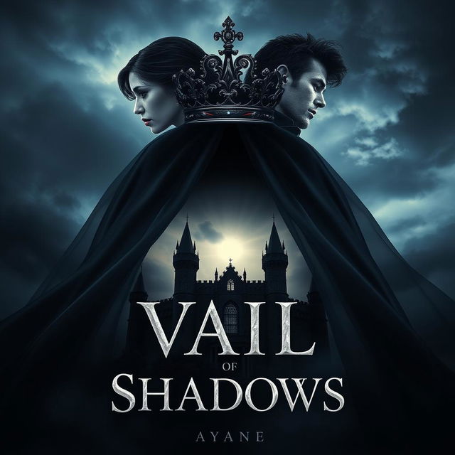 A captivating book cover for the fantasy novel 'Vail of Shadows', featuring a dark, ornate crown elegantly positioned atop a flowing veil that cascades gracefully down, partially obscuring the silhouette of a grand, shadowy castle