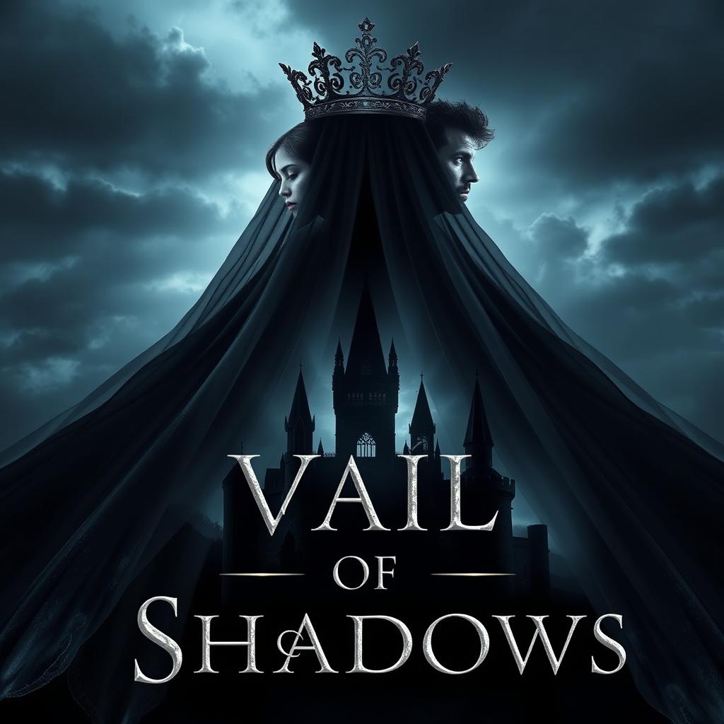 A captivating book cover for the fantasy novel 'Vail of Shadows', featuring a dark, ornate crown elegantly positioned atop a flowing veil that cascades gracefully down, partially obscuring the silhouette of a grand, shadowy castle