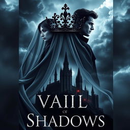 A captivating book cover for the fantasy novel 'Vail of Shadows', featuring a dark, ornate crown elegantly positioned atop a flowing veil that cascades gracefully down, partially obscuring the silhouette of a grand, shadowy castle