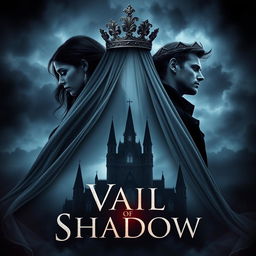 A captivating book cover for the fantasy novel 'Vail of Shadows', featuring a dark, ornate crown elegantly positioned atop a flowing veil that cascades gracefully down, partially obscuring the silhouette of a grand, shadowy castle