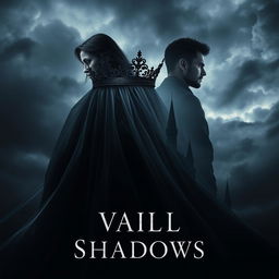 An evocative book cover for the fantasy novel 'Vail of Shadows', featuring a dark, ornate crown gracefully resting atop a flowing veil that cascades down, partially obscuring the silhouette of a grand, shadowy castle