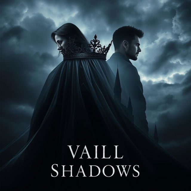 An evocative book cover for the fantasy novel 'Vail of Shadows', featuring a dark, ornate crown gracefully resting atop a flowing veil that cascades down, partially obscuring the silhouette of a grand, shadowy castle