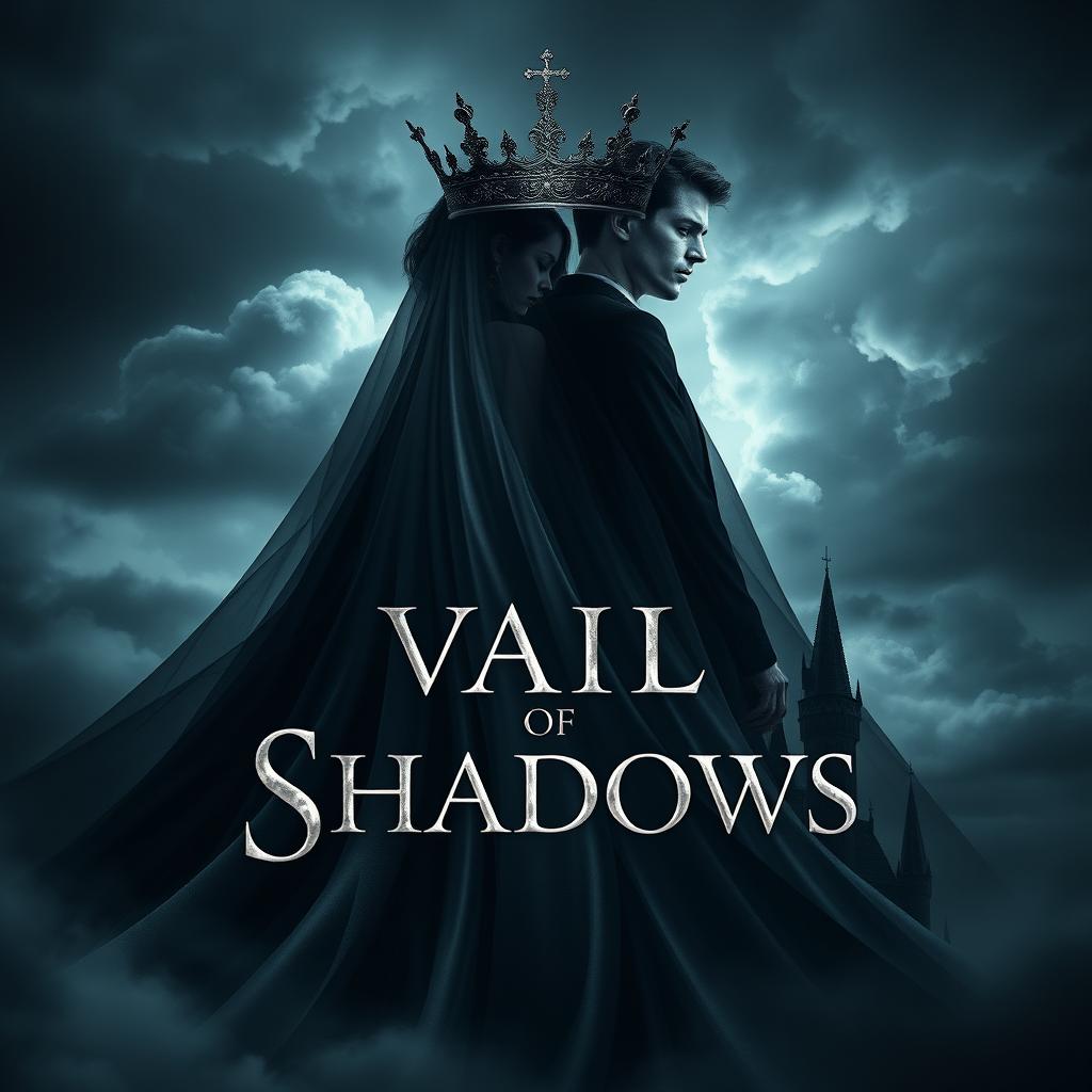 An evocative book cover for the fantasy novel 'Vail of Shadows', featuring a dark, ornate crown gracefully resting atop a flowing veil that cascades down, partially obscuring the silhouette of a grand, shadowy castle