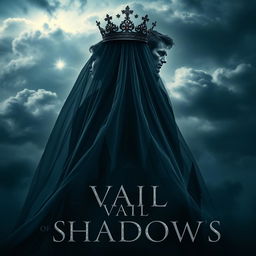 An evocative book cover for the fantasy novel 'Vail of Shadows', featuring a dark, ornate crown gracefully resting atop a flowing veil that cascades down, partially obscuring the silhouette of a grand, shadowy castle