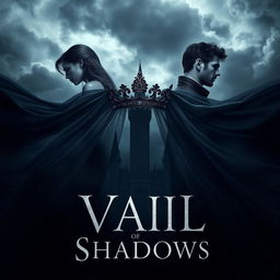 An evocative book cover for the fantasy novel 'Vail of Shadows', featuring a dark, ornate crown gracefully resting atop a flowing veil that cascades down, partially obscuring the silhouette of a grand, shadowy castle