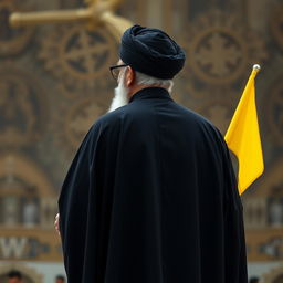 A realistic back view of a distinguished male figure dressed in a flowing black cloak (abaya) and a black turban