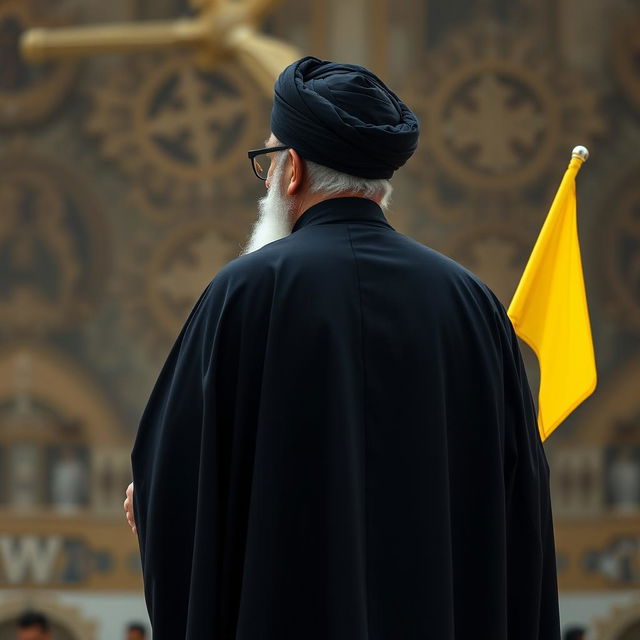 A realistic back view of a distinguished male figure dressed in a flowing black cloak (abaya) and a black turban