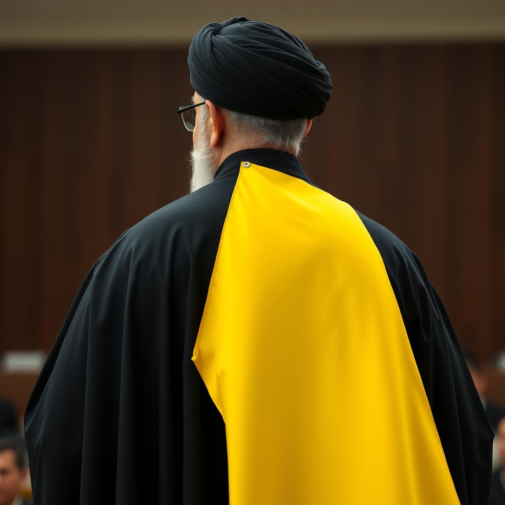 A realistic back view of a distinguished male figure dressed in a flowing black cloak (abaya) and a black turban