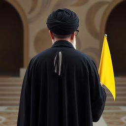 A realistic back view of a distinguished male figure dressed in a flowing black cloak (abaya) and a black turban