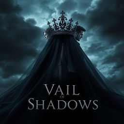 A captivating book cover for the fantasy novel 'Vail of Shadows', featuring a dark, ornate crown elegantly positioned atop a flowing veil that cascades down and wraps around the silhouette of a grand, shadowy castle