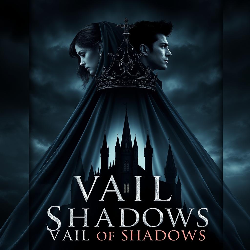 A captivating book cover for the fantasy novel 'Vail of Shadows', featuring a dark, ornate crown elegantly positioned atop a flowing veil that cascades down and wraps around the silhouette of a grand, shadowy castle